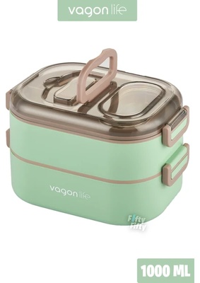 Vagonlife 1000 ml Iki Kat Üç Bölme Paslanmaz Çelik Bento Lunch Box Yeni Nesil Sefer Tası-Sos Kaseli MODEL-FFLBOX7081