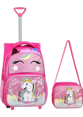 Çantaland Çekçekli Pembe Unicorn Baskılı, Ortopedik Sırt Özellikli, Ilkokul Çantası + Beslenme Çantası
